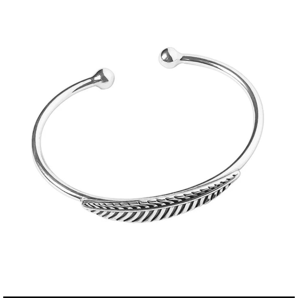 NEW Women's 925‎ Sterling Silver Engraved Feather Cuff Bracelet, Adjustable